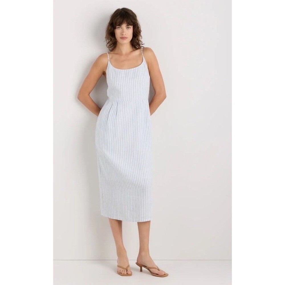 Quince 100% European Linen Scoop Neck Midi Dress Blue Pinstripe Small Minimalist